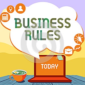 Conceptual caption Business Rules. Business overview a specific directive that constrains or defines a business Hand