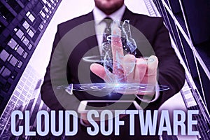 Conceptual caption Cloud Software. Concept meaning Programs used in Storing Accessing data over the internet Hand