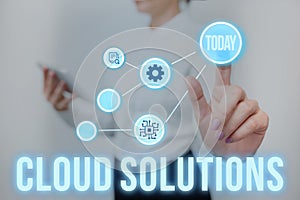 Conceptual caption Cloud Solutions. Word for ondemand services or resources accessed via the internet Lady Holding photo