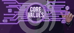 Conceptual caption Core Values. Concept meaning principles which guide and determine what is wrong and right