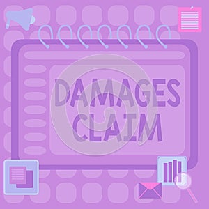 Conceptual caption Damages Claim. Business approach Demand Compensation Litigate Insurance File Suit Blank Open Spiral