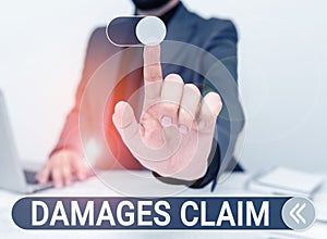 Conceptual caption Damages Claim. Business concept Demand Compensation Litigate Insurance File Suit