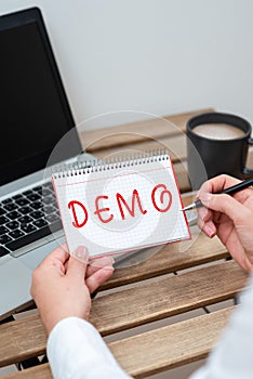 Text caption presenting Demo. Concept meaning exemplification display expression show visual communication reflection