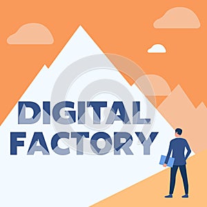 Conceptual caption Digital Factory. Business approach uses digital technology to operate the manufacturing process