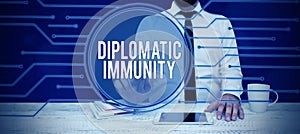 Conceptual caption Diplomatic Immunity. Word Written on law that gives foreign diplomats special rights in the country