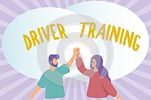 Conceptual caption Driver Training. Business idea prepares a new driver to obtain a driver s is license Happy Colleagues