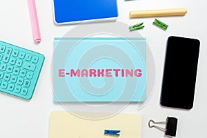 Conceptual caption E Marketing. Concept meaning business that sells product or service electronically