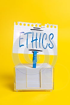 Conceptual caption Ethics. Business showcase the moral philosophy or code of morals practiced by a person Colorful Idea