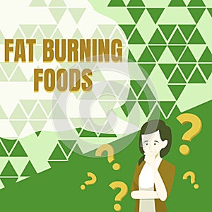 Conceptual caption Fat Burning Foods. Concept meaning Certain types of food burn calories as you chew them Lady Drawing