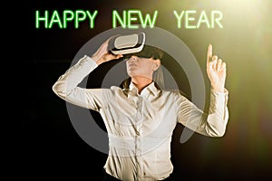 Conceptual caption Happy New Year. Internet Concept Greeting Celebrating Holiday Fresh Start Best wishes Woman Holding