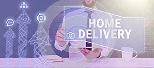 Conceptual caption Home Delivery. Business overview All checkout items are directly sent to the buyer s is home