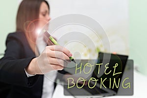 Text sign showing Hotel Booking. Internet Concept Online Reservations Presidential Suite De Luxe Hospitality Woman photo