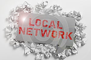Text sign showing Local Network. Business idea Intranet LAN Radio Waves DSL Boradband Switch Connection photo