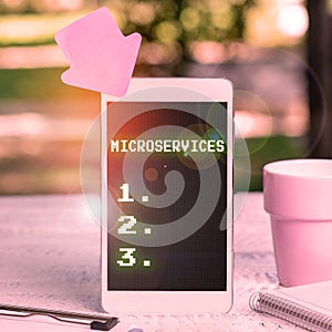 Conceptual caption Microservices. Business overview Software development technique Building single function module