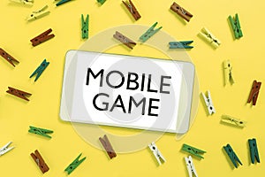 Conceptual caption Mobile Game. Concept meaning they are entertaining programs made to work on smart device Colorful