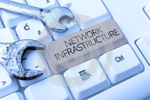 Conceptual caption Network Infrastructure. Business idea Hardware and Software resources In and Out Connection