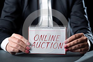 Conceptual caption Online Auction. Business idea digitized sale event which item is sold to the highest bidder