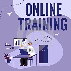 Conceptual caption Online Training. Word for Computer based training Distance or electronic learning Man Sitting On Desk