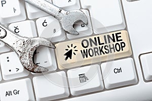 Conceptual caption Online Workshop. Word Written on shows of goods and commodities over the electronic websites Abstract