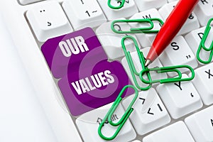 Conceptual caption Our Values. Conceptual photo list of morals companies or individuals commit to do them -48896