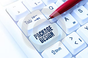 Conceptual caption Package Design. Business idea Strategy in creating unique product wrapping or container Typing Online