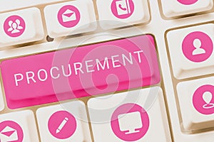 Conceptual caption Procurement. Word for Procuring Purchase of equipment and supplies
