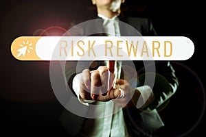 Conceptual caption Risk Reward. Business overview assess the profit potential of a trade relative to its loss