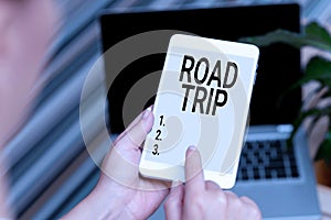 Conceptual caption Road Trip. Business showcase long distance journey on the road traveled by automobile Voice And Video