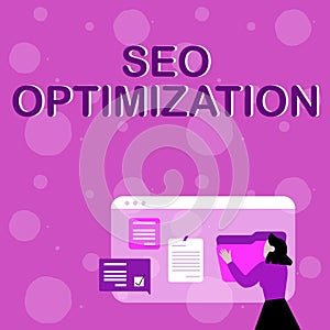 Conceptual caption Seo Optimization. Internet Concept process of affecting online visibility of website or page Woman