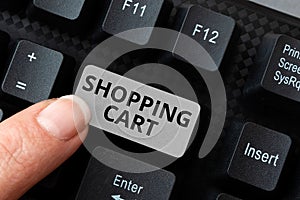 Conceptual caption Shopping Cart. Concept meaning Case Trolley Carrying Groceries and Merchandise Editing New Story