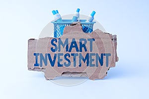Conceptual caption Smart Investment. Business overview Allocating funds to an asset or committing capital Tidy Workspace