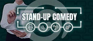 Conceptual caption Stand Up Comedy. Business overview Comedian performing speaking in front of live audience