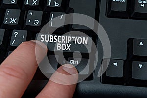 Conceptual caption Subscription Box. Concept meaning button if you clicked on will get news or videos about site Hands