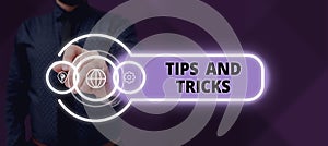 Conceptual caption Tips And Tricks. Business showcase helpful advices that makes certain action easier to do