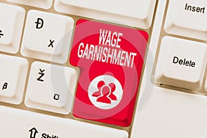 Conceptual caption Wage Garnishment. Word for Deducting money from compensation ordered by the court Fixing Internet