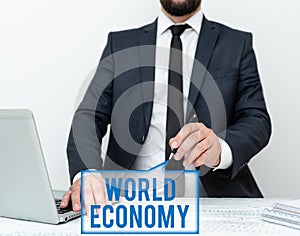 Conceptual caption World Economy. Business idea Global Worldwide International markets trade money exchange Remote