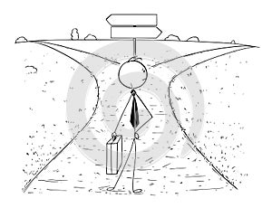 Conceptual Cartoon of Business Man on Crossroad Making Choice