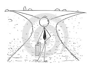 Conceptual Cartoon of Business Man on Crossroad Making Choice