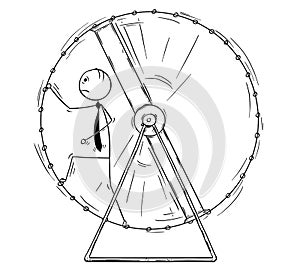 Conceptual Cartoon of Business Man running in Squirrel Wheel