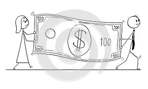 Conceptual Cartoon of Business People Carry Large Dollar Bill Banknote