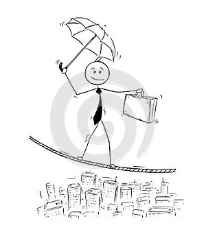 Conceptual Cartoon of Businessman Balancing on Rope