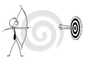 Conceptual Cartoon of Businessman with Bow Shooting at Target