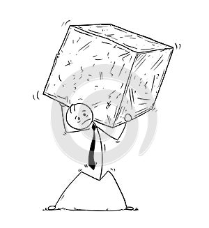 Conceptual Cartoon of Businessman Carrying Big Block of Rock or