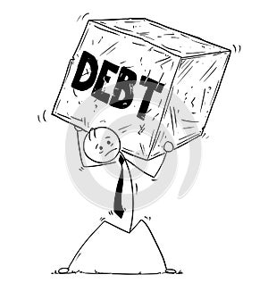 Conceptual Cartoon of Businessman Carrying Big Debt Block of Roc