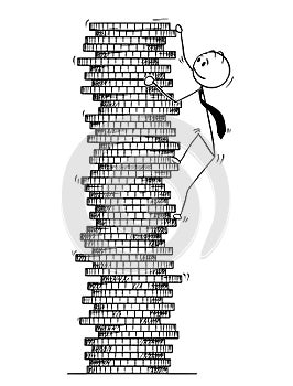 Conceptual Cartoon of Businessman Climbing Coin Pile