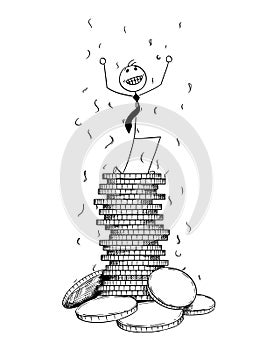 Conceptual Cartoon of Businessman Enjoying on Top of Pile of Coi