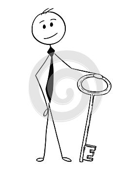 Conceptual Cartoon of Businessman Holding a Key