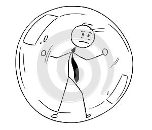 Conceptual Cartoon of Businessman Imprisoned Inside the Glass Bubble