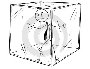 Conceptual Cartoon of Businessman Imprisoned Inside the Glass Bubble Cube