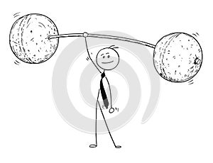 Conceptual Cartoon of Businessman Lifting Heavy Weight Easily